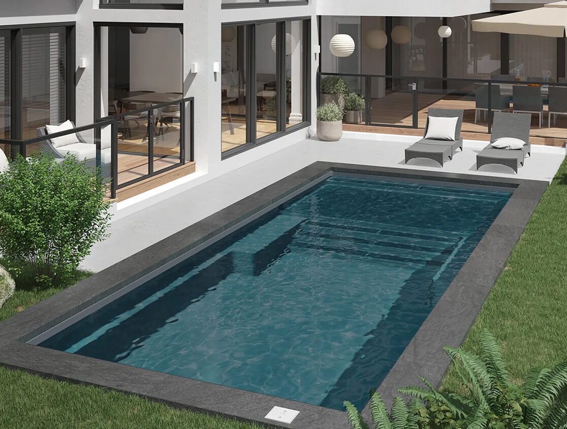 Exemple piscine en fibre de verre couleur Fond rocheux